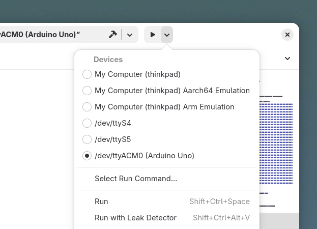 Arduino device selection menu